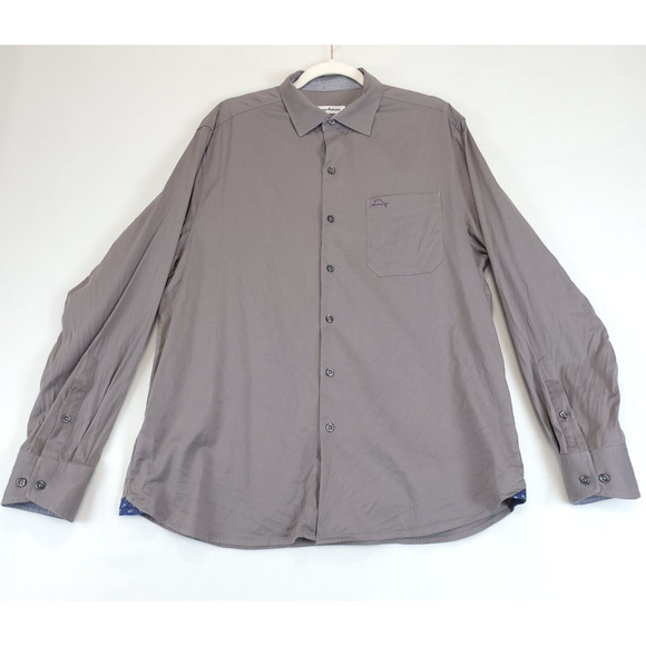 Tommy Bahama Silk Blend Button Up Shirt Flip Cuff Men M Gray Pocket Long Sleeve - Picture 1 of 15